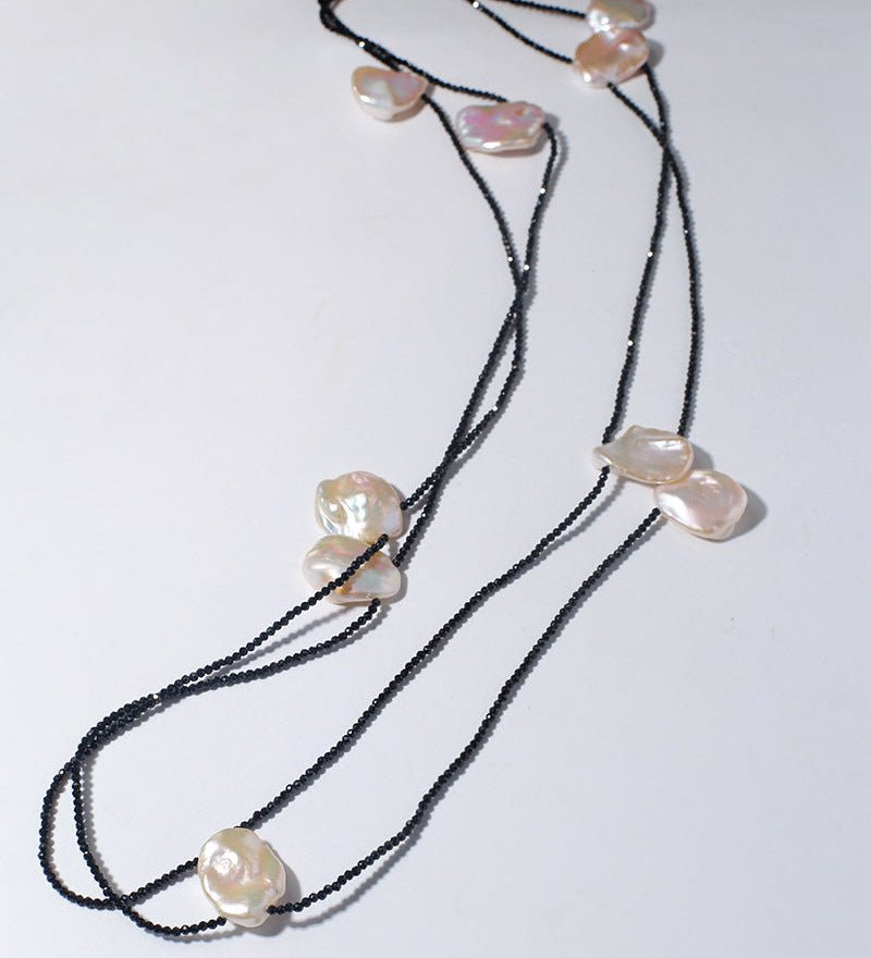 Nine Large Petal Baroque Pearls Black Spinel Necklace - floysun
