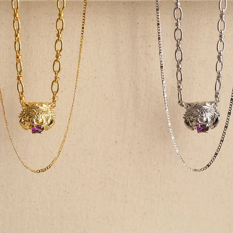 Personalized Tiger Head Zircon Double Layer Necklace - floysun