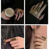 Pure Silver Oval Natural Wood Grain Stone Ring - floysun