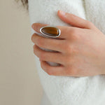 Pure Silver Oval Natural Wood Grain Stone Ring - floysun