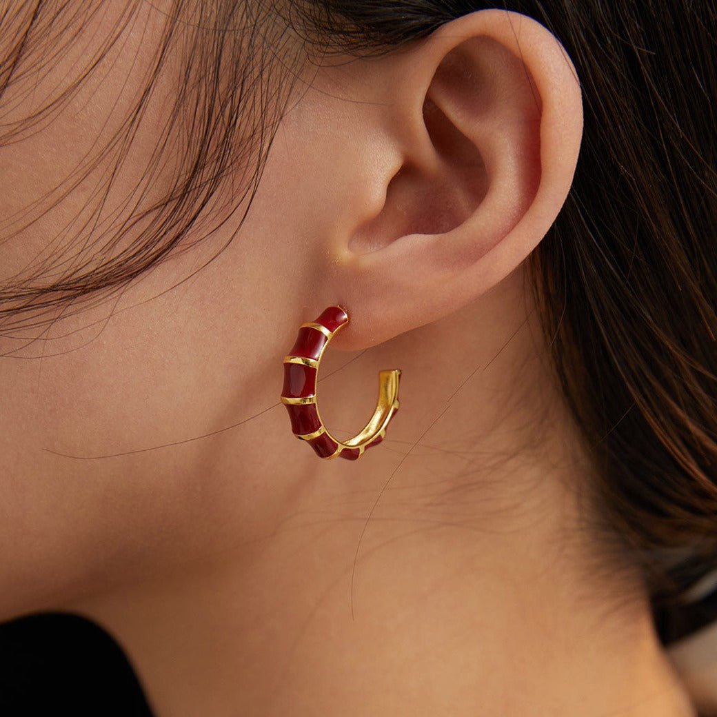 Red Enamel Glaze Bamboo-Inspired C-Shaped Earrings - floysun