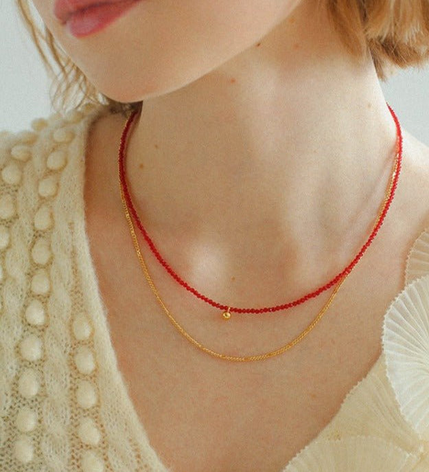 Red Spinels Small Gold Bean Necklaces - floysun