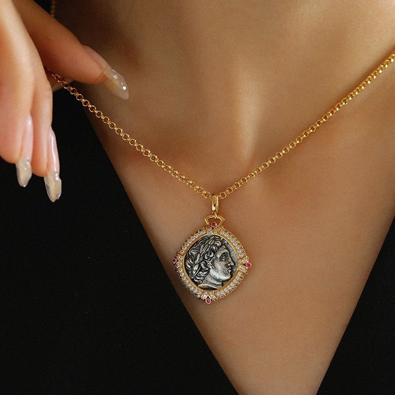 Red Zircon Apollo Silver Coin Necklace - floysun