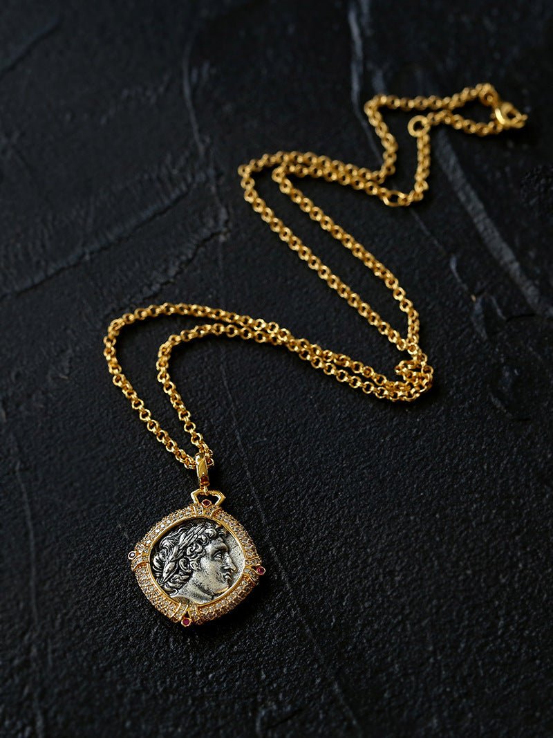 Red Zircon Apollo Silver Coin Necklace - floysun