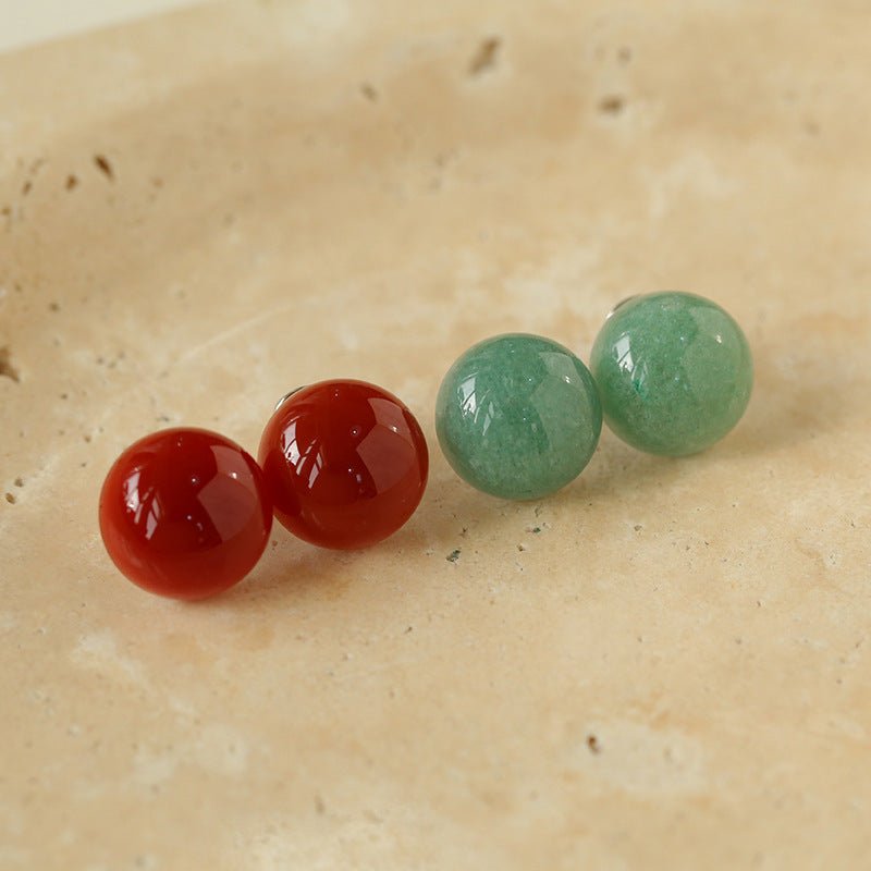 Round Green Aventurine Stone Agate Red Hemispheric Stud Earrings - floysun