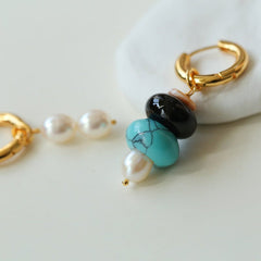 Rustic Chic: Asymmetric Natural Stone and Pearl Earrings - floysun