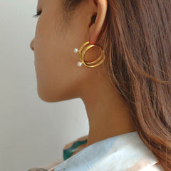 Semicircular Three-layer C-shaped Pearl Earrings - floysun
