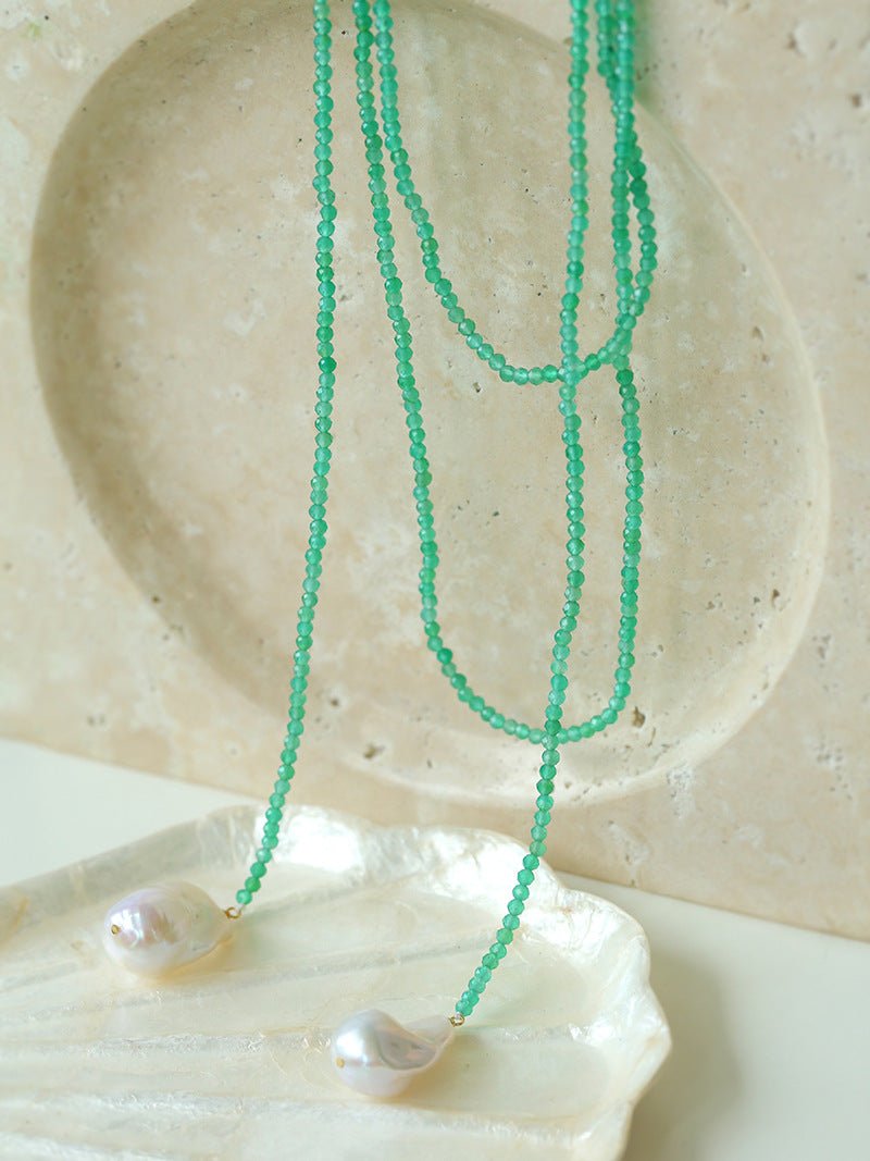 Serenity in Green: Extra-Long Green Agate Double Baroque Pearl Necklace - floysun