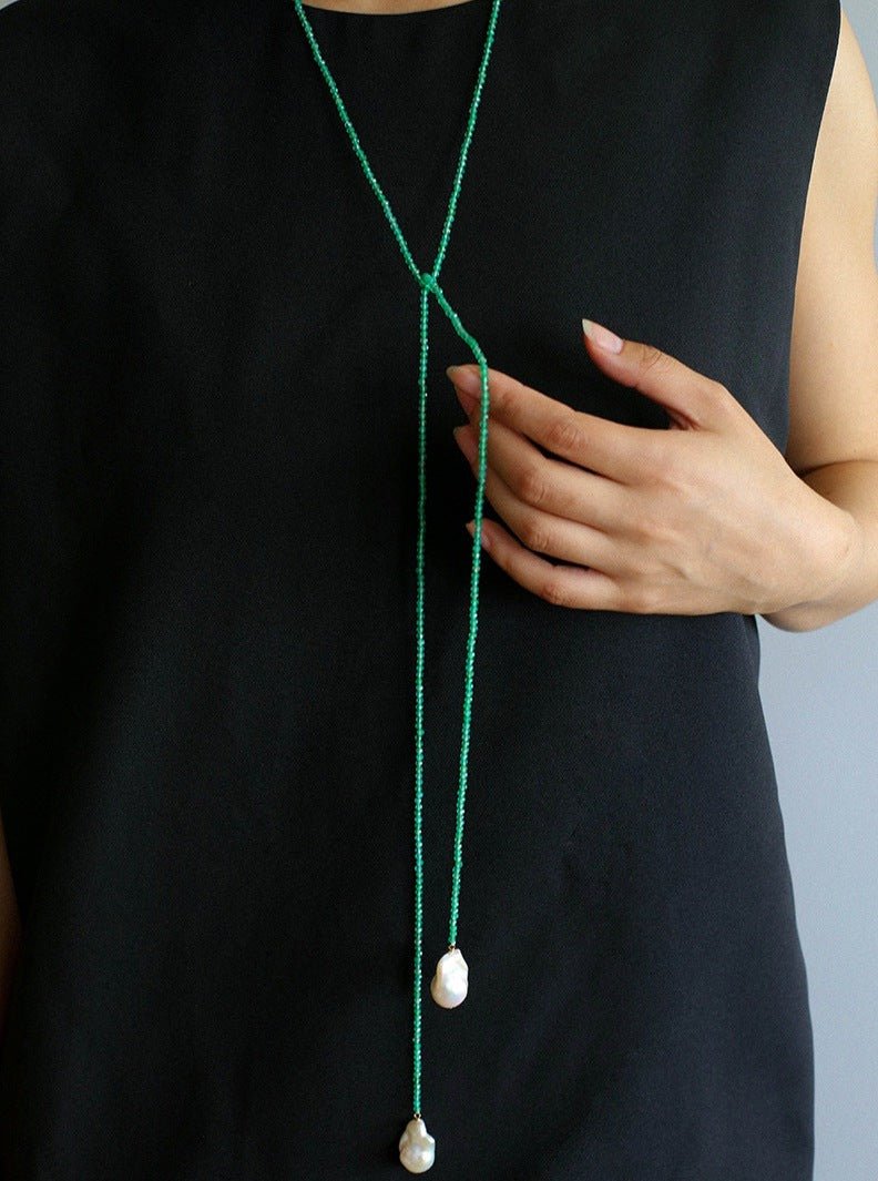 Serenity in Green: Extra-Long Green Agate Double Baroque Pearl Necklace - floysun