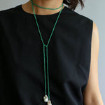 Serenity in Green: Extra-Long Green Agate Double Baroque Pearl Necklace - floysun