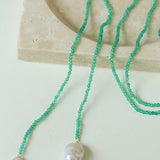 Serenity in Green: Extra-Long Green Agate Double Baroque Pearl Necklace - floysun