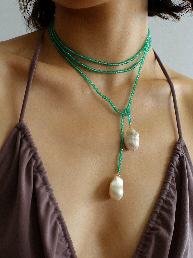 Serenity in Green: Extra-Long Green Agate Double Baroque Pearl Necklace - floysun