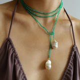 Serenity in Green: Extra-Long Green Agate Double Baroque Pearl Necklace - floysun