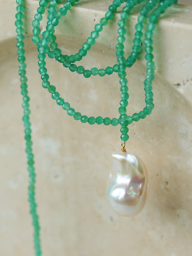 Serenity in Green: Extra-Long Green Agate Double Baroque Pearl Necklace - floysun