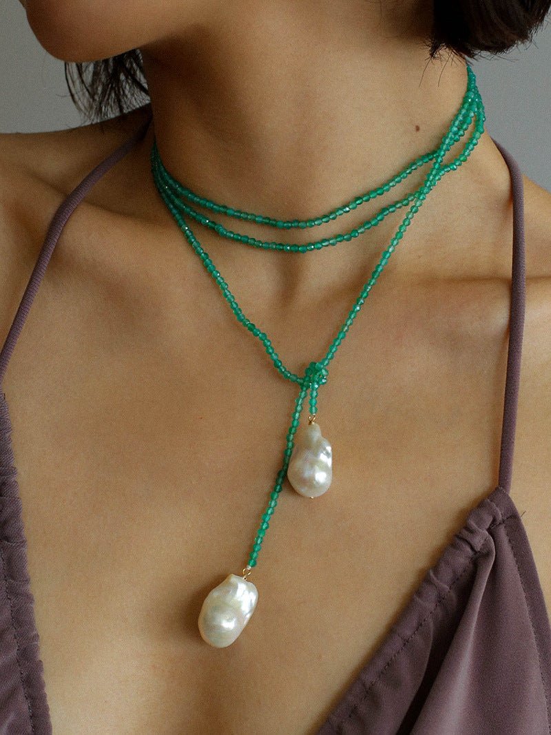 Serenity in Green: Extra-Long Green Agate Double Baroque Pearl Necklace - floysun