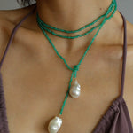 Serenity in Green: Extra-Long Green Agate Double Baroque Pearl Necklace - floysun