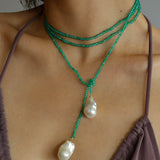 Serenity in Green: Extra-Long Green Agate Double Baroque Pearl Necklace - floysun