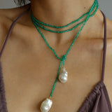 Serenity in Green: Extra-Long Green Agate Double Baroque Pearl Necklace - floysun