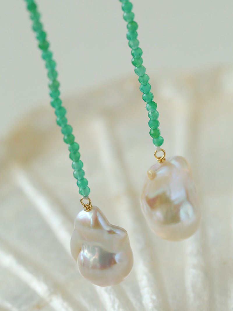 Serenity in Green: Extra-Long Green Agate Double Baroque Pearl Necklace - floysun