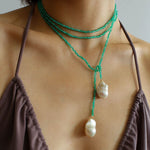 Serenity in Green: Extra-Long Green Agate Double Baroque Pearl Necklace - floysun