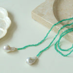 Serenity in Green: Extra-Long Green Agate Double Baroque Pearl Necklace - floysun