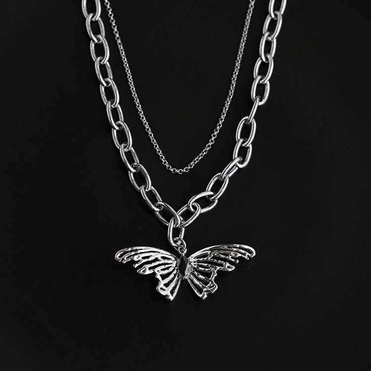 Silver Lava Black Zirconia Butterfly Double Chain Necklace - floysun