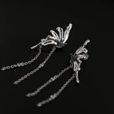 Silver Lava Black Zirconia Butterfly Long Tassel Earrings - floysun