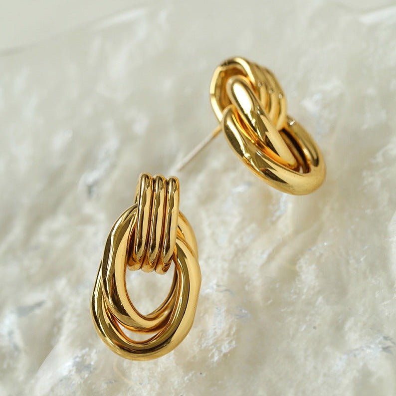 Simple Double Oval Striped Metal Earrings - floysun