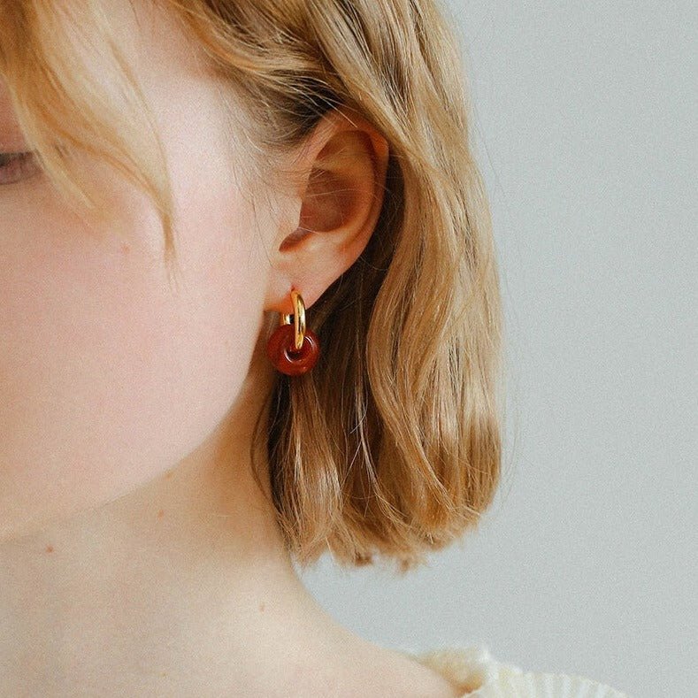 Simple Red Agate Stone Hoops Earrings - floysun