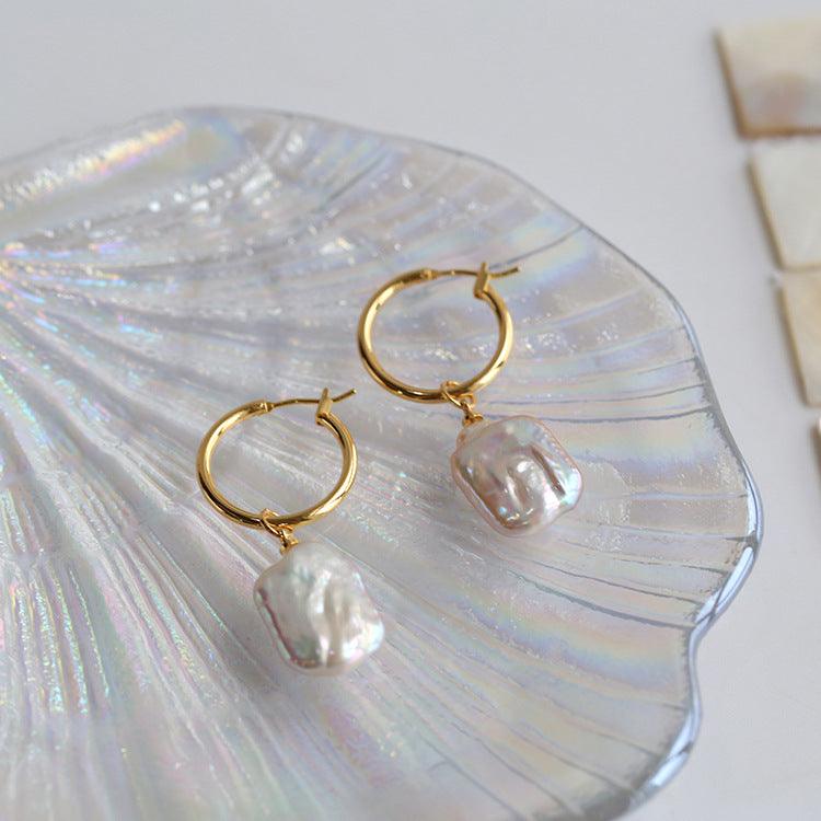 Simple Squarea Broque Pearl Drop Earrings - floysun
