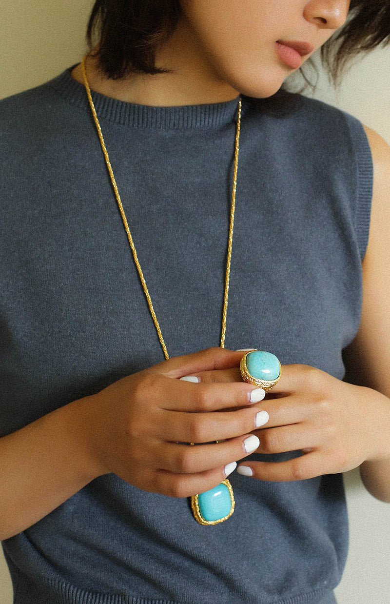 Square Pink Crystal Turquoise Necklace Pendant - floysun