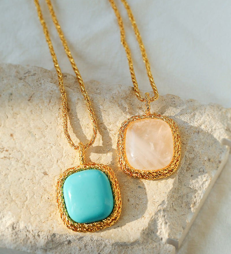 Square Pink Crystal Turquoise Necklace Pendant - floysun