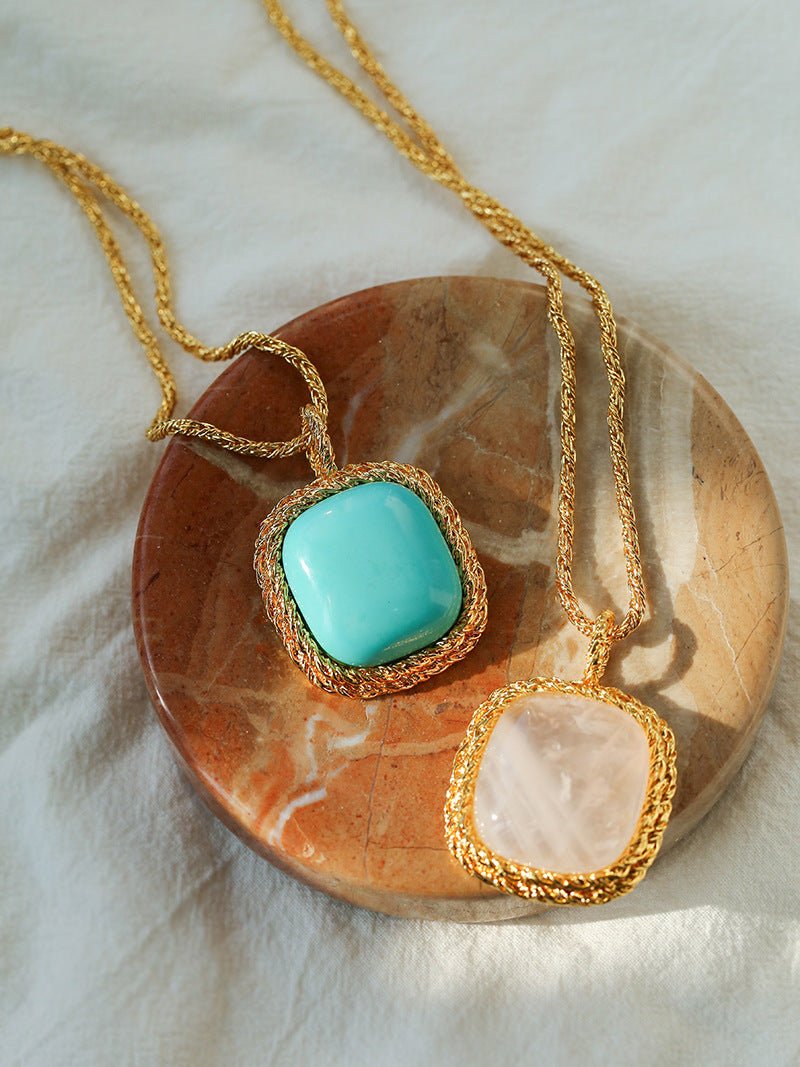 Square Pink Crystal Turquoise Necklace Pendant - floysun