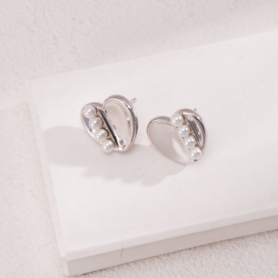 Sterling Silver Love Pearl Stud Earrings - floysun
