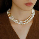 Tricolor Elegance: Triple-Layer Black, White, and Grey Pearls Necklace - floysun