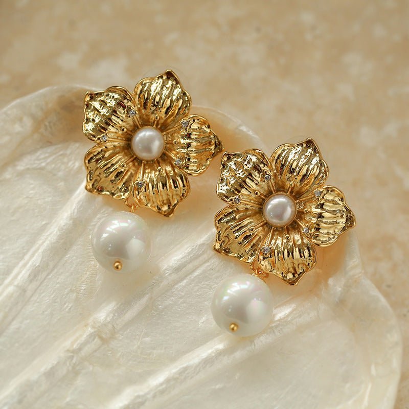Vintage Begonia Flower Freshwater Pearl Earrings - floysun