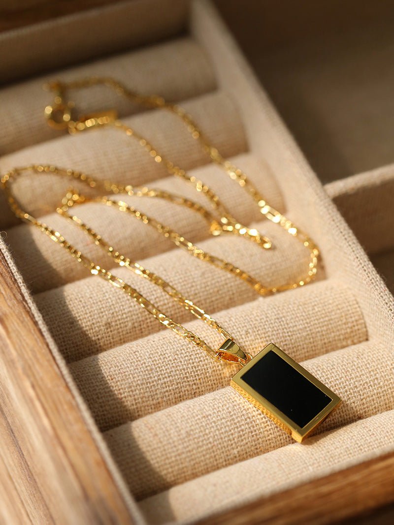 Vintage Black Agate Square Pendant Necklace - floysun