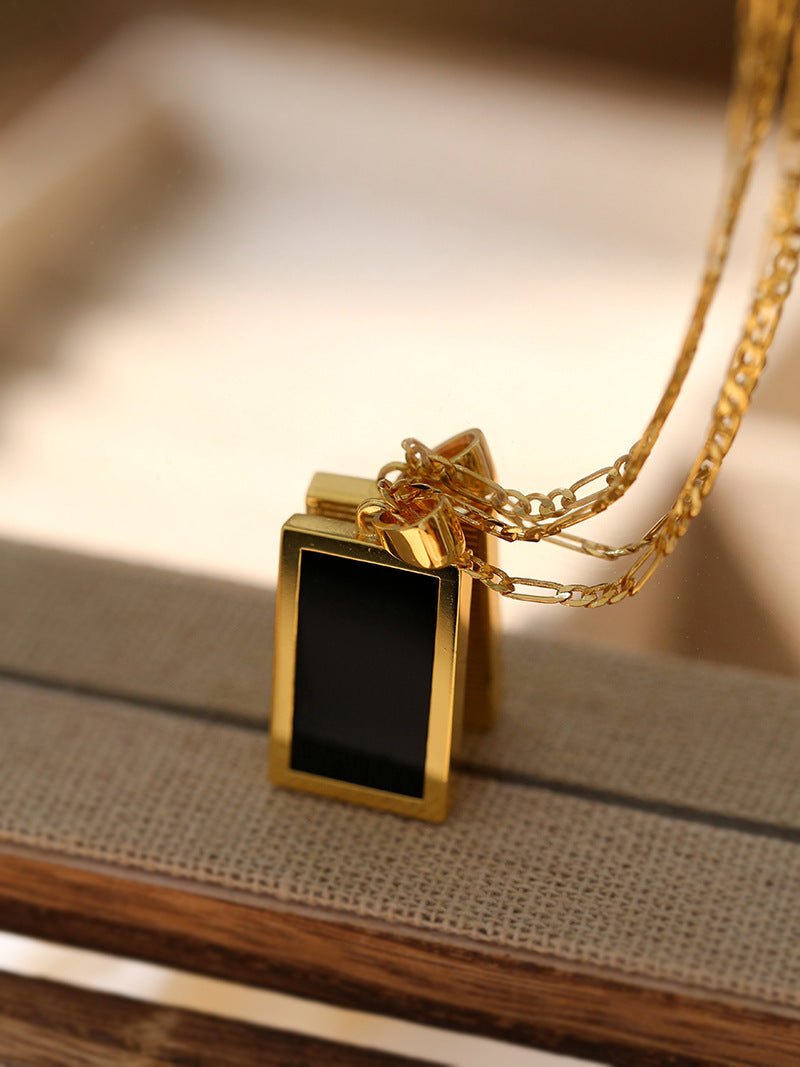 Vintage Black Agate Square Pendant Necklace - floysun