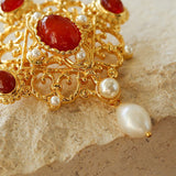 Vintage Courtly Elegance: Red Agate and Pearl Brooch - floysun