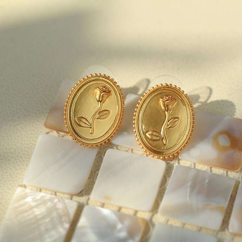 Vintage Frosted Oval Rose Gold Coin Earrings - floysun