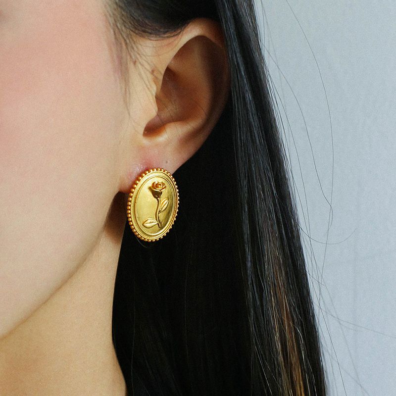 Vintage Frosted Oval Rose Gold Coin Earrings - floysun