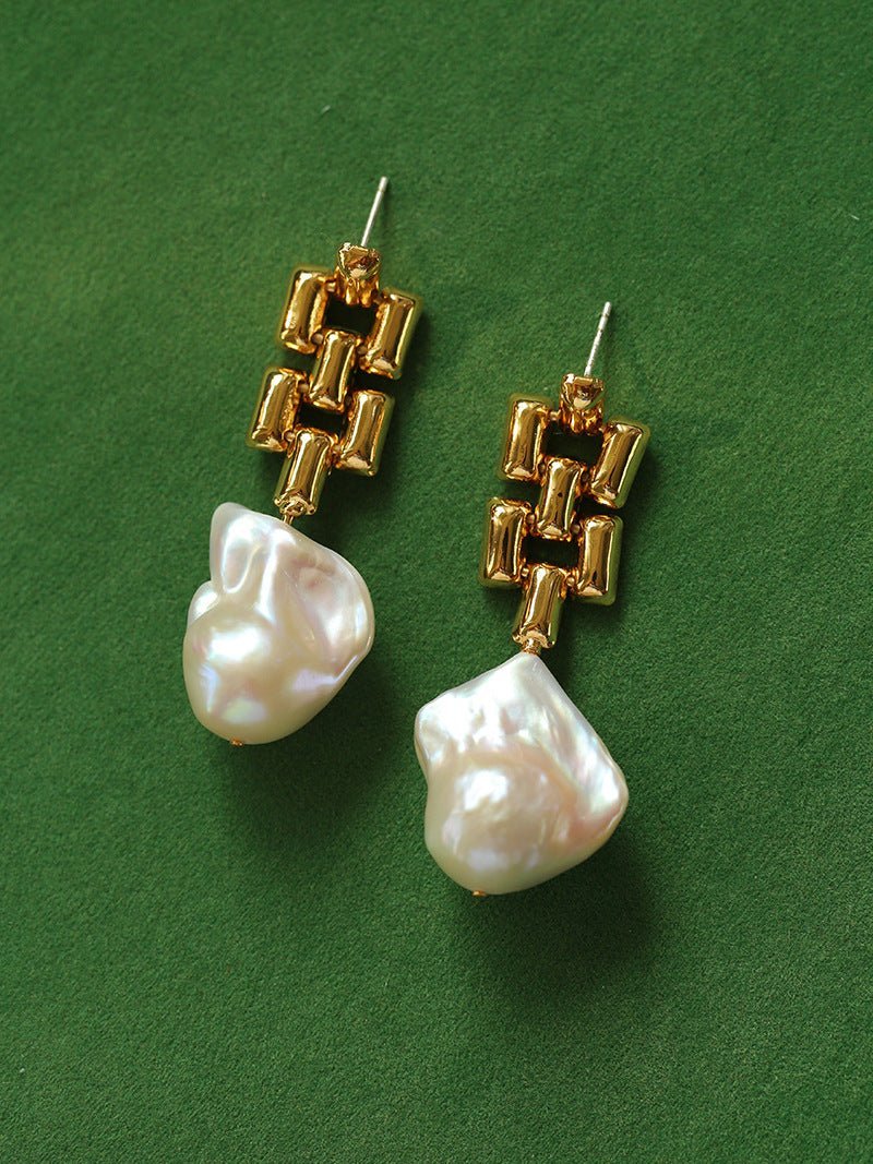 Vintage Gold Chain Baroque Pearl Earrings - floysun