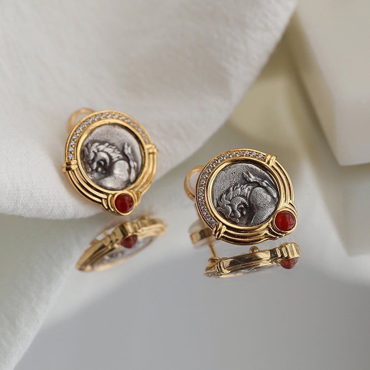 Vintage Lion Ancient Silver Coin Earrings - floysun