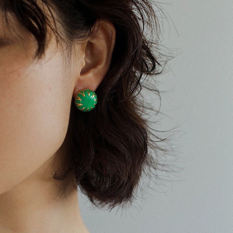 Vintage Round Green Enamel Stud Earrings - floysun