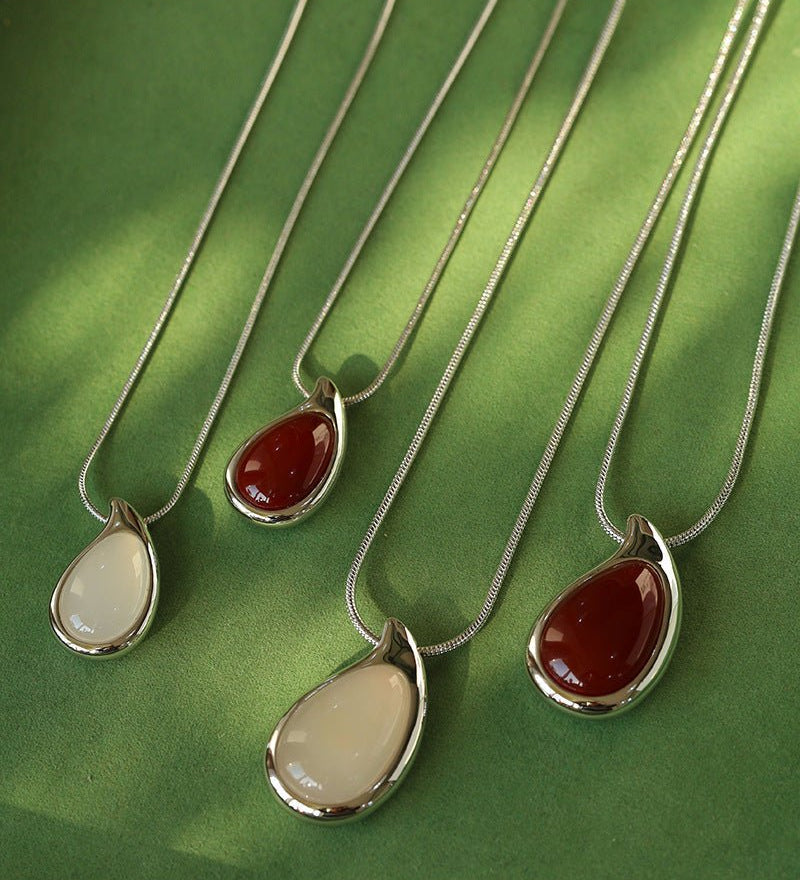 Waterdrop White Agate Red Onyx Long Pendant Necklace - floysun