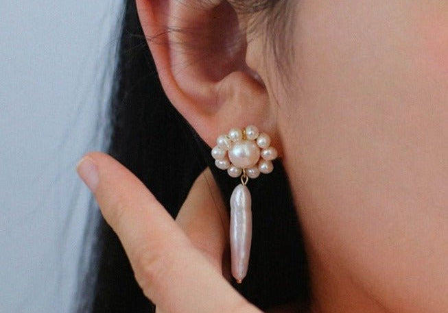 Weaving Flower Natural Baroque Pearl Drop Earrings - floysun