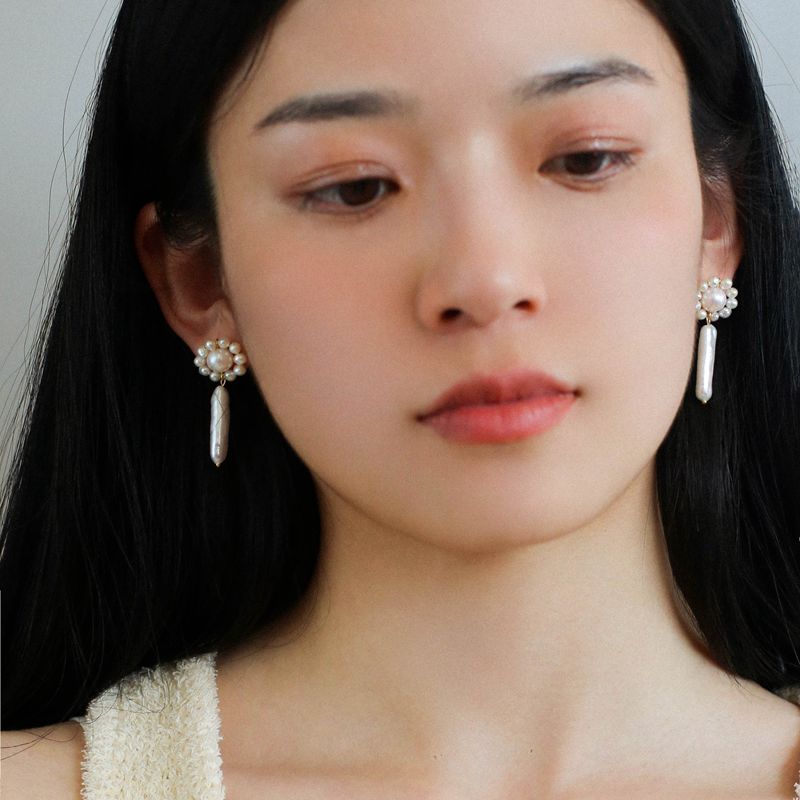 Weaving Flower Natural Baroque Pearl Drop Earrings - floysun